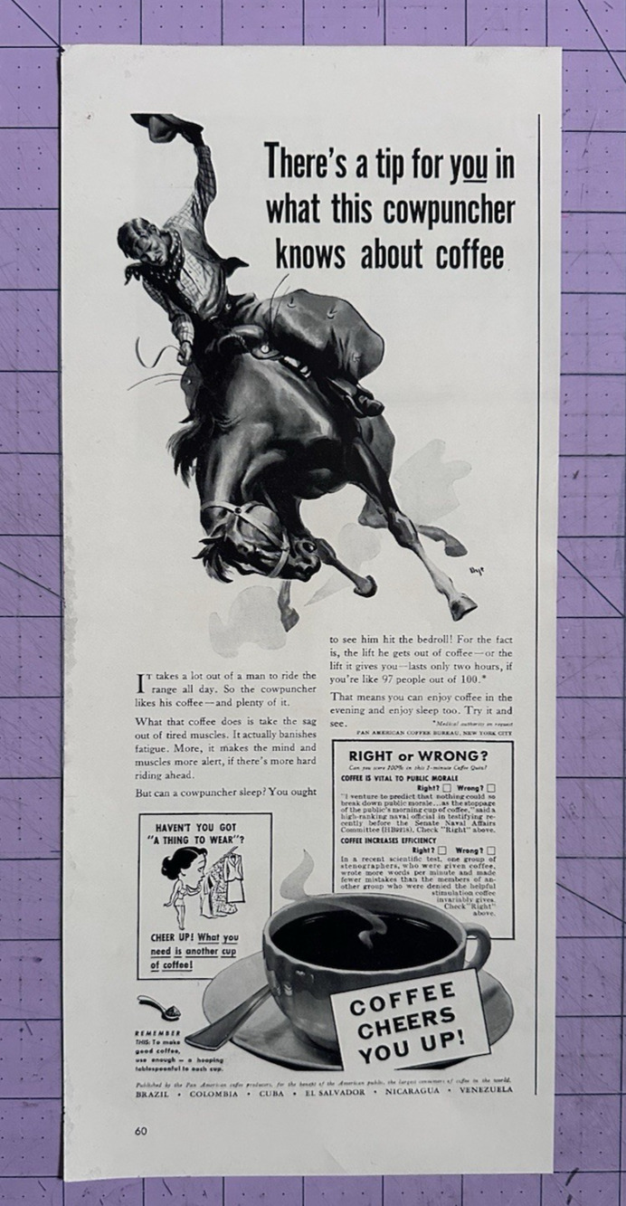 1940 Pan American Coffee Producers Cowboy Vintage Print Ad